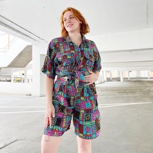 Vintage funky unique 80s 90s abstract patterned silk two piece coord set